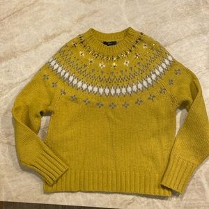 Mustard color with grey accent sweater. Detailed in rhinestones and soft Alpaca